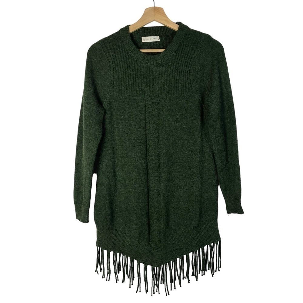 Jon & Anna Pine Green Crewneck Fringe Hem Sweater S